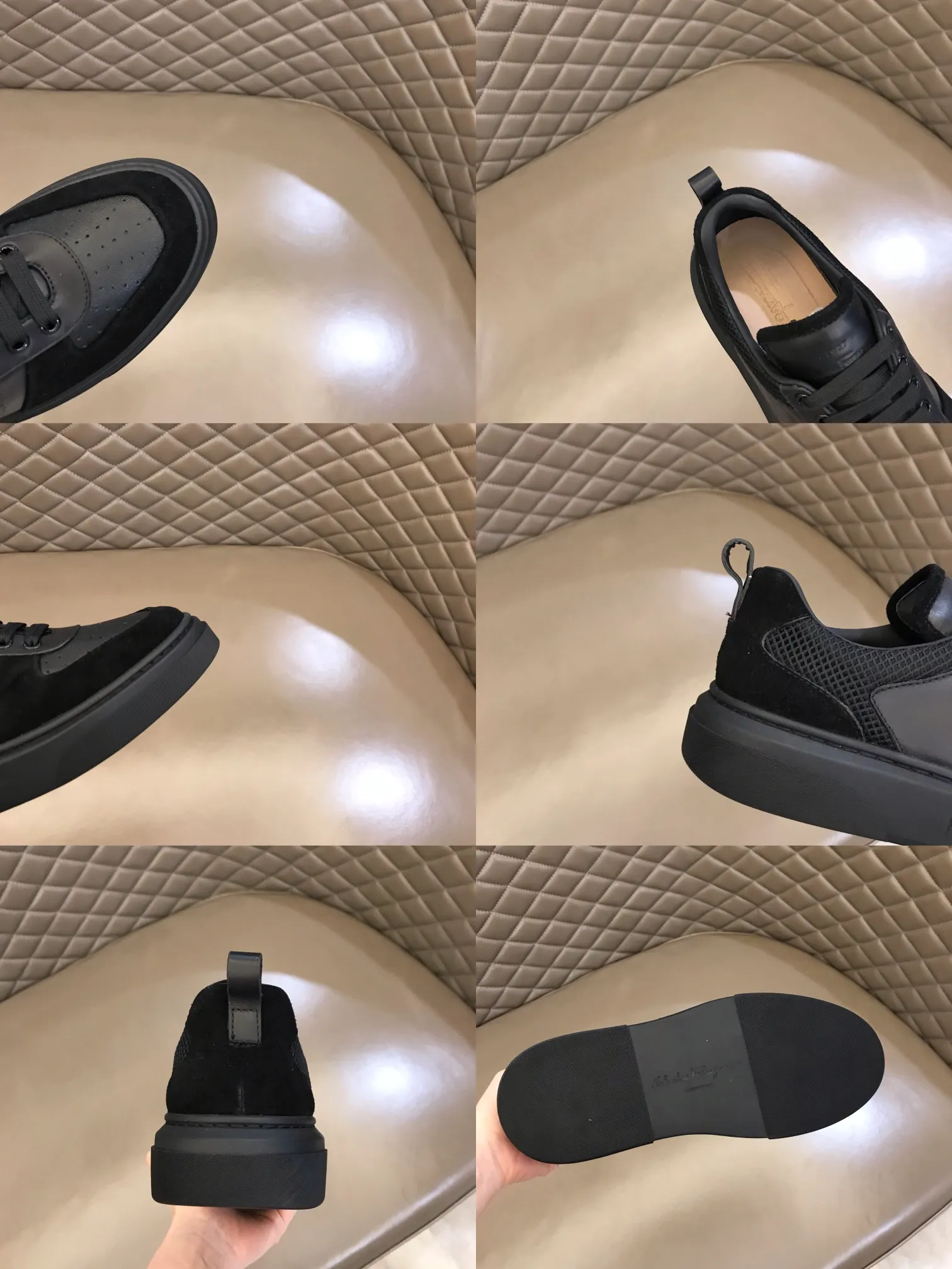p420 "Salvatore Ferraga**" men's low-cut fashion sneakers. This casual shoe has a novel structure and is made of soft calfskin. The contrasting color elements on the upper highlight the bold and avant-garde atmosphere. The first-layer cowhide lining is high-end and comfortable. Energetic and fresh, these shoes can be worn with casual looks or add a touch of street style to elegant trousers.  Size: 38-44